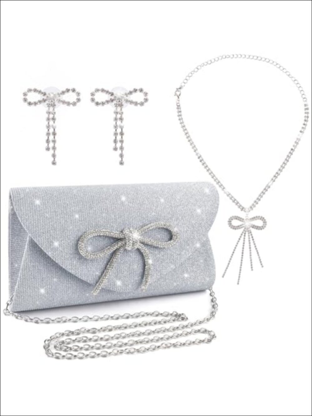 Glitter Bow Envelope Clutch Evening Bag with Necklace Set